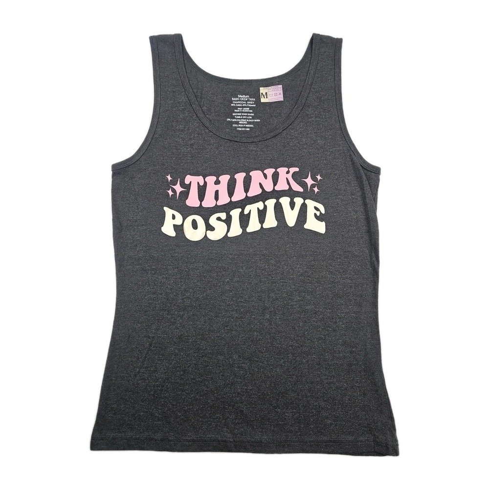 Think Positive Super Soft Womens Med Grey Charcoal Tank Top Fun Support Spellout